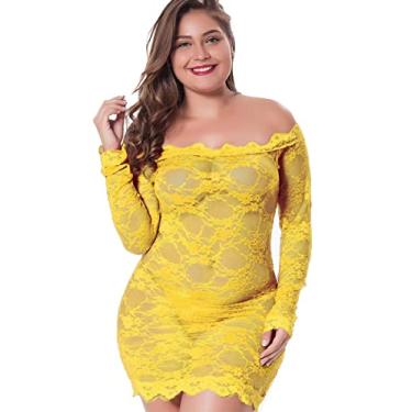Imagem de LINGERLOVE Lingerie feminina, plus size, sexy, lingerie, babydoll de renda floral, babydoll transparente, Amarelo, Small-Medium