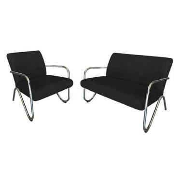 Imagem de Kit Namoradeira + Poltrona Decorativa Bela Suede Preto Braço Cromado -