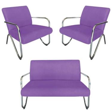 Imagem de Kit Namoradeira + 2 Poltronas Decorativa Bela Suede Roxo Braço Cromado