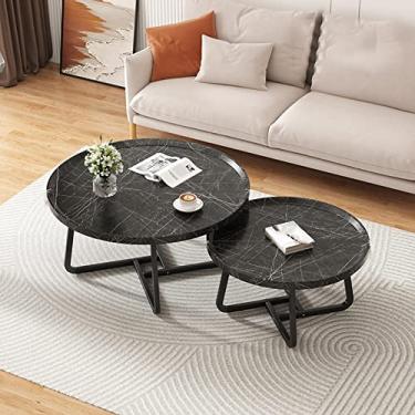 Imagem de Mesa de centro industrial redonda – mesas de centro para sala de estar moderna mesa de chá, mesa central para sala de estar, mesas de jantar para espaços pequenos, preto, 1 conjunto - 70+50