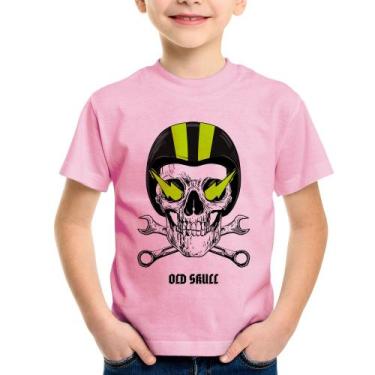 Imagem de Camiseta Infantil Old Skull Motorcycle - Foca na Moda, Rosa bebê, 12