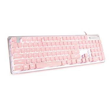 Imagem de LANGTU Teclado de Computador, LED Rosa Retroiluminado, Painel de Metal, Membrana, USB, 104 Teclas, Anti-Fantasma, para Laptop/PC, Windows/Mac/Linux