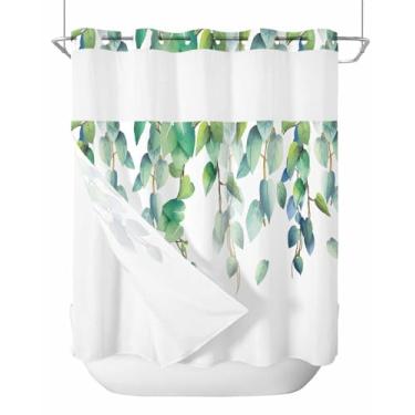 Imagem de Cortina de chuveiro sem gancho com forro de encaixe, folhas de eucalipto verde fazenda em branco cortina de banho impermeável camada dupla com janela superior transparente, cortinas de chuveiro de
