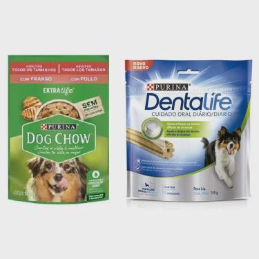Imagem de Kit 15 Un Ração Úmida Dog Chow Adultos Todos Tamanhos Frango 100g + Petisco Purina Dentalife