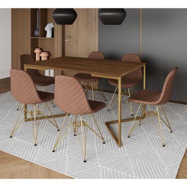 Imagem de Mesa Industrial Retangular Amêndoa Base V Dourada 137x90cm 6 Cadeiras Dourada Estofadas Caramelo