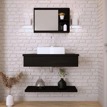 Imagem de Conjunto para Banheiro Bancada com Cuba Aria 41 Retangular, Prateleira e Espelheira City 806 Preto Ônix