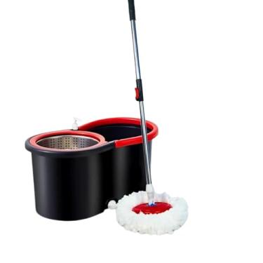 Imagem de Extra grosso Esfregão Mop Giratorio 2 Refil 18 litros Cabo 140cm Cesto Em Inox Balde Centrífuga(Preto com Vermelho 14L)