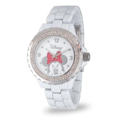 Imagem de Disney Relógio feminino de liga branca com brilho esmaltado Minnie Mouse, bisel prateado, pulseira branca, W002895, Branco, Movimento de quartzo