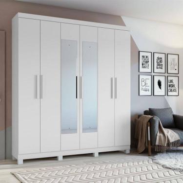 Imagem de Guarda Roupa Solteiro Ambiente Jazz 6 Portas Branco Brilho com Espelho e Pés  – Lopas