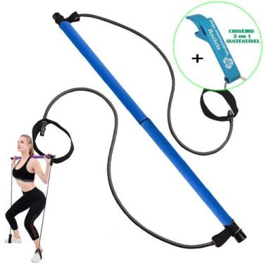 Imagem de Extensor Elástico com Barra Para Exercício Pilates Yoga Azul + Chaveir