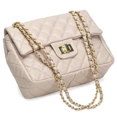 Imagem de Bolsa Feminina Couro Legitimo Matelassê Média - Cosenza, Nude c dourad