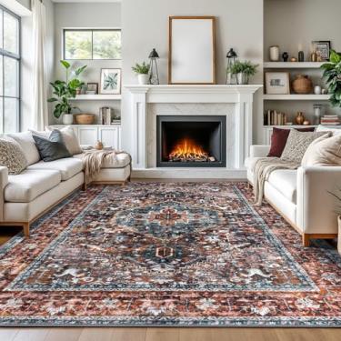 Imagem de KOZYFLY Tapete Boho 2,5 x 3,5 m para sala de estar, lavável, tapete antiderrapante, estampado, lã sintética, vintage, para quarto, para sala de jantar, sala de estar, vermelho tijolo/laranja/verde