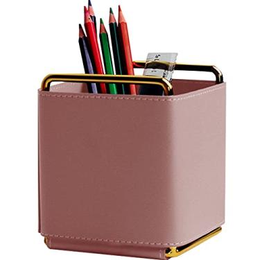 Imagem de Kelendle Porta-lápis de couro, organizador de mesa, arte de ferro, pincel de maquiagem, controle remoto, caixa de armazenamento, suporte de caneta de escritório para mesa, rosa