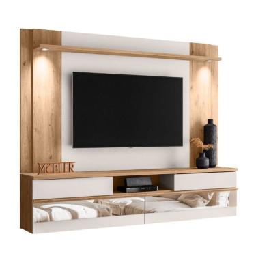 Imagem de Painel Tv 75 Polegadas Flórida 200 Cm Espelho Luminária Led Carvalho Teca/off White Ártico