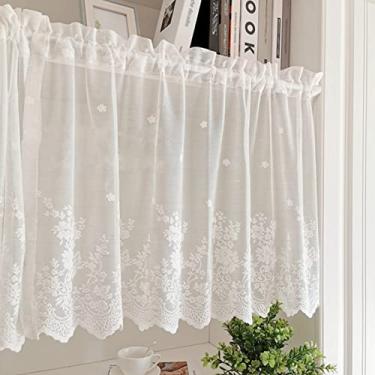 Imagem de Cortinas de renda branca para janelas, cortinas vintage transparentes de café, saia curta bordada floral para janela para sala de estar/jantar quarto banheiro armário. 200 x 120 cm/78,7 x 47,2 pol