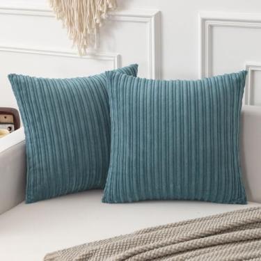 Imagem de Kevin Textile Capas de almofada de veludo cotelê macio pacote com 2 capas de almofada quadradas decorativas listradas de pelúcia decoração de casa boho para sofá cama cadeira 50 x 50 cm, azul cinza