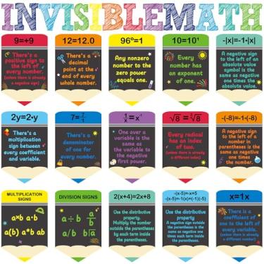 Imagem de CHUNNIN Pôster educacional de matemática 28 peças, símbolos de matemática, decorações de sala de aula para ensino fundamental, ensino médio, colorido, boletim de matemática, decoração para sala de