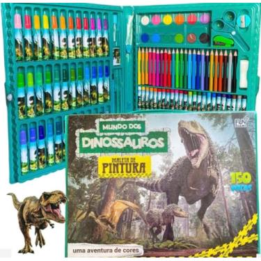 Imagem de Kit de Arte Dinossauros, Estojo de Pintura com 150 Peças, Maleta Verde com Lápis, Giz de Cera e Aquarela
