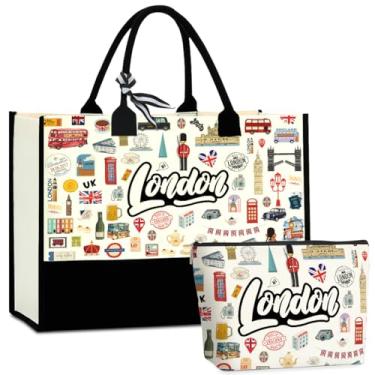Imagem de CHQIUCR Bolsa feminina London Canvas Souvenirs Gifts - reutilizável Weekender Beach & Shopping Bag, presente de viagem ecológico, lembrança de férias, presentes de Natal