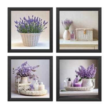 Imagem de Kit 4 Quadros 24x24 cm banheiro, lavabo, flores lilás, vidro (Preto)
