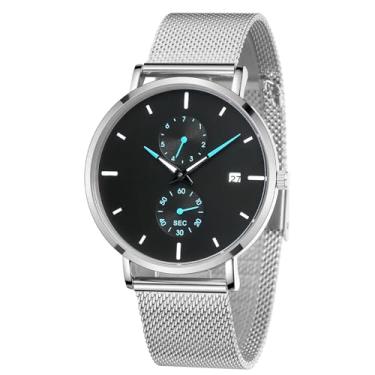 Imagem de TWOPTION Relógios masculinos elegantes minimalistas analógicos de quartzo à prova d'água para homens, pulseira de malha de aço inoxidável, relógio de pulso masculino com data automática, Prateado 70
