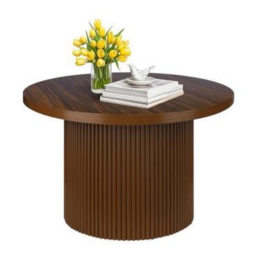 Imagem de Mesa de centro redonda de 80 cm, exclusiva canelada, pequena mesa de chá de madeira marrom, mesa central rústica redonda boho moderna de meados do século para sala de estar