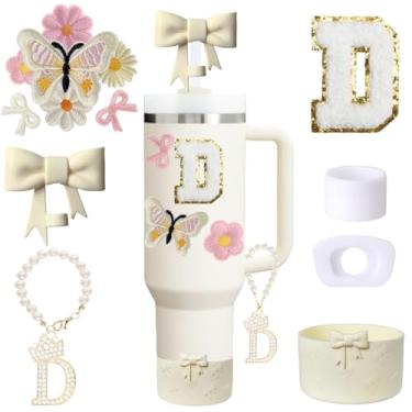 Imagem de Conjunto de acessórios de copo Stanley branco de 13 peças para copo de 850 g 1,134 g com alça, incluindo pingente de alça, adesivo inicial personalizado, topo de palha, bota de silicone, tampa à prova