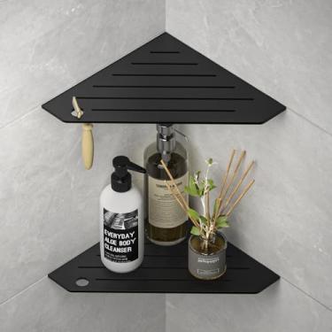 Imagem de Bernkot Prateleiras de chuveiro de canto, rejunte pentagonal na prateleira com orifício para barbear, prateleira de banheiro de aço inoxidável 304 (preto fosco)
