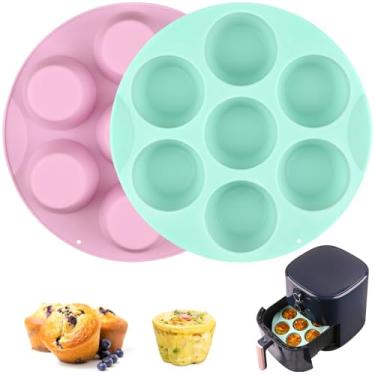 Imagem de Sakolla Pacote com 2 moldes de silicone para mordida de ovo para fritadeira a ar, antiaderente, 7 xícaras, frigideira a ar para assar mordida de ovo, mini muffins, torta, mini cupcake e quiche (rosa +