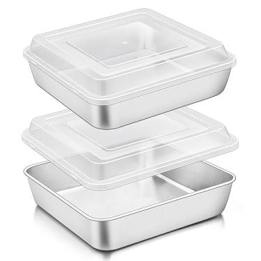 Imagem de TeamFar Forma quadrada de 22 cm com tampa, assadeiras de brownie de aço inoxidável 22 x 23 cm, saudável e resistente, parede profunda e borda lisa, pode ser lavada na lava-louças, (2 formas e 2 tampas