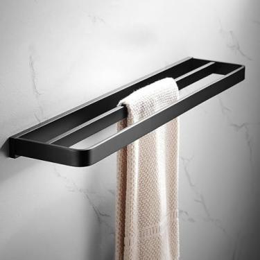 Imagem de Conjunto de acessórios para banheiro preto - Prateleira de canto, porta-toalhas, porta-escova de vaso sanitário | 4 peças de ferragens para montagem em parede, barra de toalha de 50 cm D