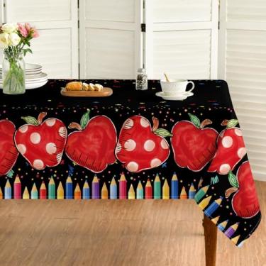 Imagem de Horaldaily Toalha de mesa preta de volta às aulas retangular 152 × 264 cm, decoração de festa no primeiro dia de aula, lápis lavável com maçã, capa de mesa sazonal para decoração de festa, piquenique