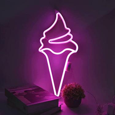 Imagem de HULIN Sinais de neon LED, placas de néon de sorvete de luz neon para decoração de parede com 8 modos de controle remoto de 18 teclas USB ou alimentado por bateria para casa, festa, crianças (rosa)