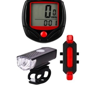 Imagem de Kit para Bicicleta com Velocímetro Digital com Fio, Lanterna Frontal LED e Luz Traseira Vermelha