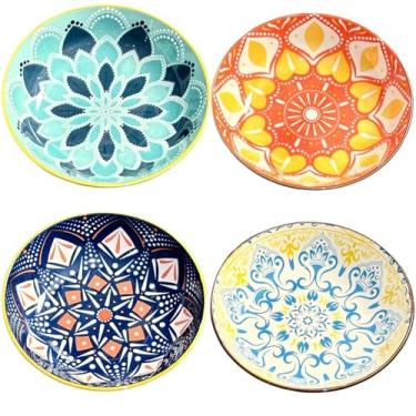 Imagem de yaocoral Conjunto de 4 tigelas de sobremesa de cerâmica de 293 ml, tigelas coloridas boêmias, para lanches, tigelas rasas de porcelana para salada, sorvete, frutas, aperitivo, acompanhamento