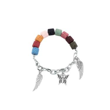 Imagem de Febremdy Pulseira multicolorida com contas de pedra vulcânica, pulseira memorial de borboleta com pingentes de asa, One Size, Aço inoxidável, Sem Pedra Preciosa