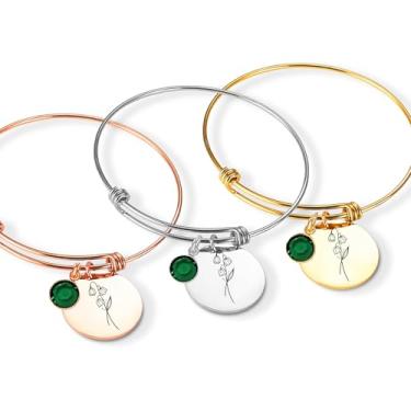 Imagem de Ida Memory Pulseira feminina com pedra esmeralda personalizada com flor de nascimento, presentes personalizados para ela, presentes de aniversário com lírio de Vally e pedra do nascimento, May, Aço