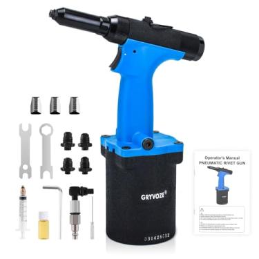 Imagem de GRYVOZE Kit de ferramentas de rebitador pneumático com pistola de rebitagem pneumática com bocais de rebite de 1/20.3 cm, 5/81.3 cm, 3/40.6 cm, bocais de rebite de 1/10.2 cm, pistola de rebitagem
