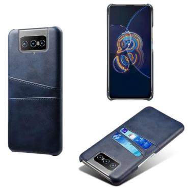 Imagem de Capas Compatível com ASUS Zenfone 8 Filip,Caso de couro PU-Tampa de telefone a prova de choque com 2 slots de cartão,Proteção anti-impressão digital e anti-gota-Blue
