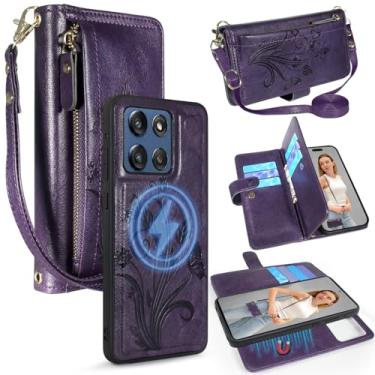 Imagem de Lacass Compatível com Moto G Stylus 5G 2025 Capa carteira tiracolo removível, compatível com MagSafe, [proteção contra roubo de cartões], suporte magnético de couro PU com zíper (floral roxo escuro)