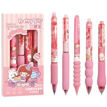 Imagem de MOZXIRZ 5 canetas de gel apagáveis fofas canetas retráteis de desenho animado rosa menina caneta de escrita 0,5 mm caneta apagável de tinta azul para mulheres, meninas, meninos, crianças, material