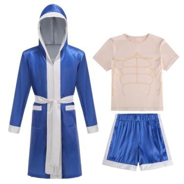 Imagem de HAPNBCELE Roupão de boxe e shorts para meninos, Halloween, conjunto de fantasias boxer infantis com camisa muscular falsa festa esportiva escolar, Azul, 10-12Years