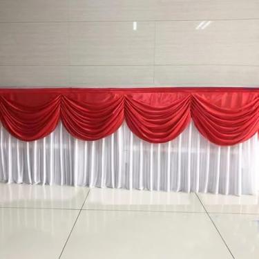 Imagem de Saia de toalha de mesa longa de 10 pés com drapeado colorido, tecido de seda transparente e decoração para festa de casamento, vermelho e branco, A75 x L300 cm (10 pés)