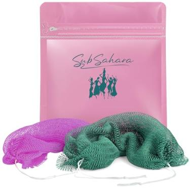 Imagem de SubSahara Esponja de rede africana autêntica – 2 peças de esfregão esfoliante para todos os tipos de pele, ideal para uso diário do rosto e do corpo, durável, esfoliação suave (rosa vermelha e verde