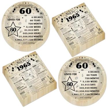 Imagem de CHUNNIN 50 peças de pratos e guardanapos de papel de festa de 60 anos de volta em 1965 pratos de bolo de sobremesa vintage 60 anos decorações temáticas 1965 conjunto de utensílios de mesa serve 25