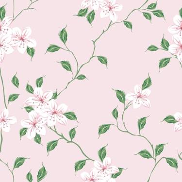 Imagem de VaryStyle Papel de parede rosa flor de cerejeira rosa e verde papel de parede floral descascar e colar ramos de flores papel de contato para armários paredes mural papel de parede de vinil removível