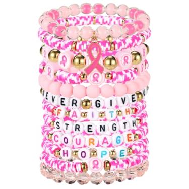 Imagem de 12un Pulseiras Contas Sensibilização dos Seios, 12 Estilos Pulseiras Fita Rosa Estilo Boho Empilháveis para Presente Inspirador Mulheres Caridade Evento de Bem-Estar Social Material