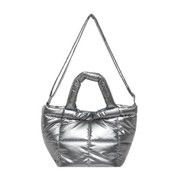 Imagem de Bolsa Puffer para mulheres, bolsa de mão leve em nuvem, bolsa de ombro acolchoada, bolsa tiracolo fofa, bolsa de viagem macia, Prata, Large