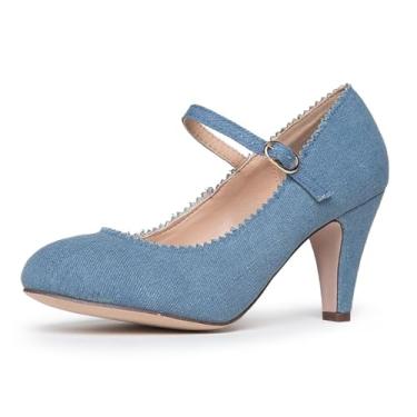 Imagem de J. Adams Sapatos femininos Honey Heels – bico redondo retrô Mary Jane, Jeans, 6