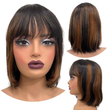 Imagem de Peruca humana curta bob franja 25cm com lace no topo natural